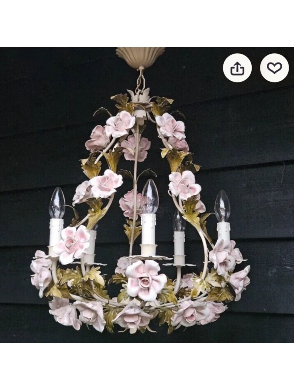 Vintage Italian Toleware chandelier porcelain rose pink Green Leaf 5 Bulb Weddin